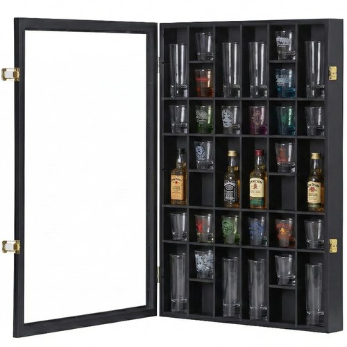 Furnishh 36 Slots Shot Glass Display Case with Lockable Door, Solid Wood Cabinet Collection Holder Wall Mounted Shot Glass Display Storage Box with Removable Shelves, 18"x26", Black
