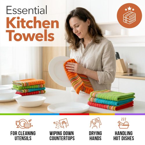 TEXAS LINEN CO. Kitchen Dish Towels, 100% Cotton Salsa Towels, Set of 24 (16x28 Inches), Multi Purpose Cooking Drying Restaurant Bar Cleaning Cloth Napkin, Highly Absorbent, Lint Free, Multi-Color