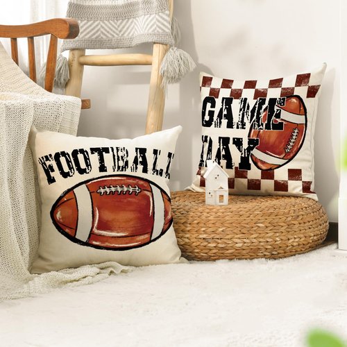 AVOIN colorlife Football Game Day Throw Pillow Covers, 18 x 18 Inch American Football Game Touch Down Sports White Cushion Case for Sofa Couch Set of 4