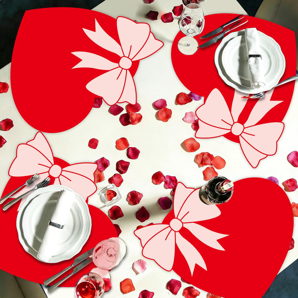 Valentine's Day Placemats Set of 6 Valentines Bow Heart Plastic Table Mats Sweet Red Heart Shaped Place Mats Washable Waterproof Table Decoration for Wedding Anniversary Holiday Party Kitchen Dining