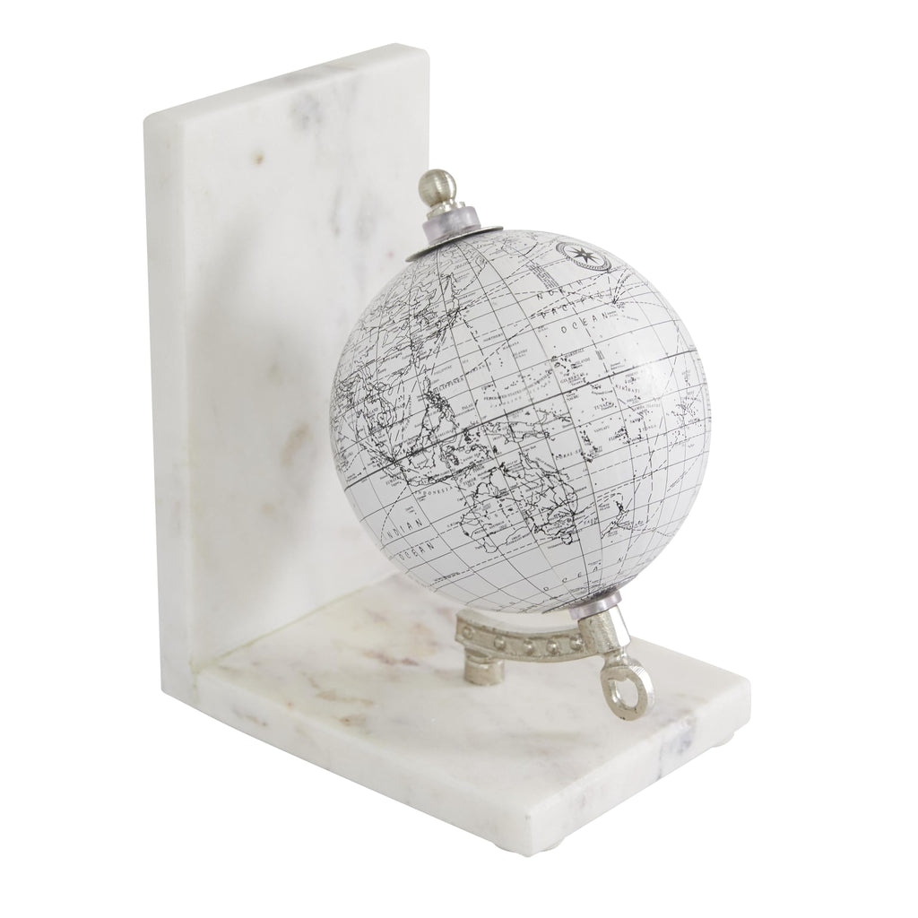 Deco 79 Marble Globe Decorative Bookends Non Skid Bookends with Silver Metal Accents, Set of 2 Office Bookends5"W, 7"H, White