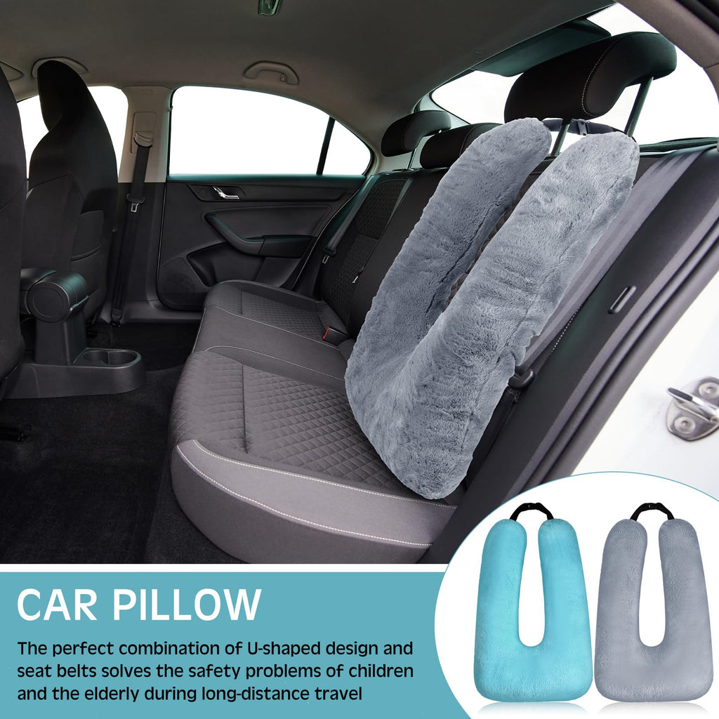Barydat 2 Pcs Car Travel Pillow for the Back Seat 28 x 18 in Sleeping Reading Pillows for Long Distance Travel Car Cushion for Kids Adults Head and Body Support U Shaped Pad for Travel(Gray, Green)