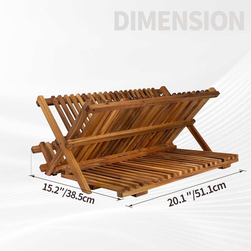 Utoplike Large Teak Dish Drying Rack - 3-Tier Collapsible Wooden Kitchen Organizer for Plates & Cups