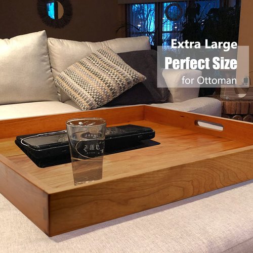 MAGIGO 22 x 22 Inches Large Square Cherry Wood Ottoman Tray with Handles, Serve Tea, Coffee or Breakfast in Bed, Classic Wooden Decorative Serving Tray