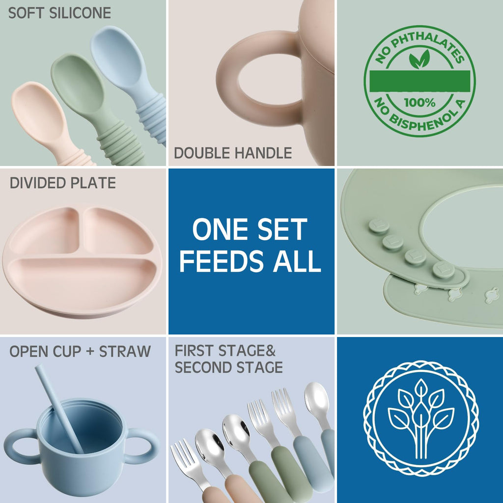 24 Pack Silicone Baby Feeding Set Baby LED Weaning Supplies Includes Suction Divided Plates Soft Bowl Spoons Forks Adjustable Bib Snack Cup and Straws(Gray Blue, Army Green, Beige)