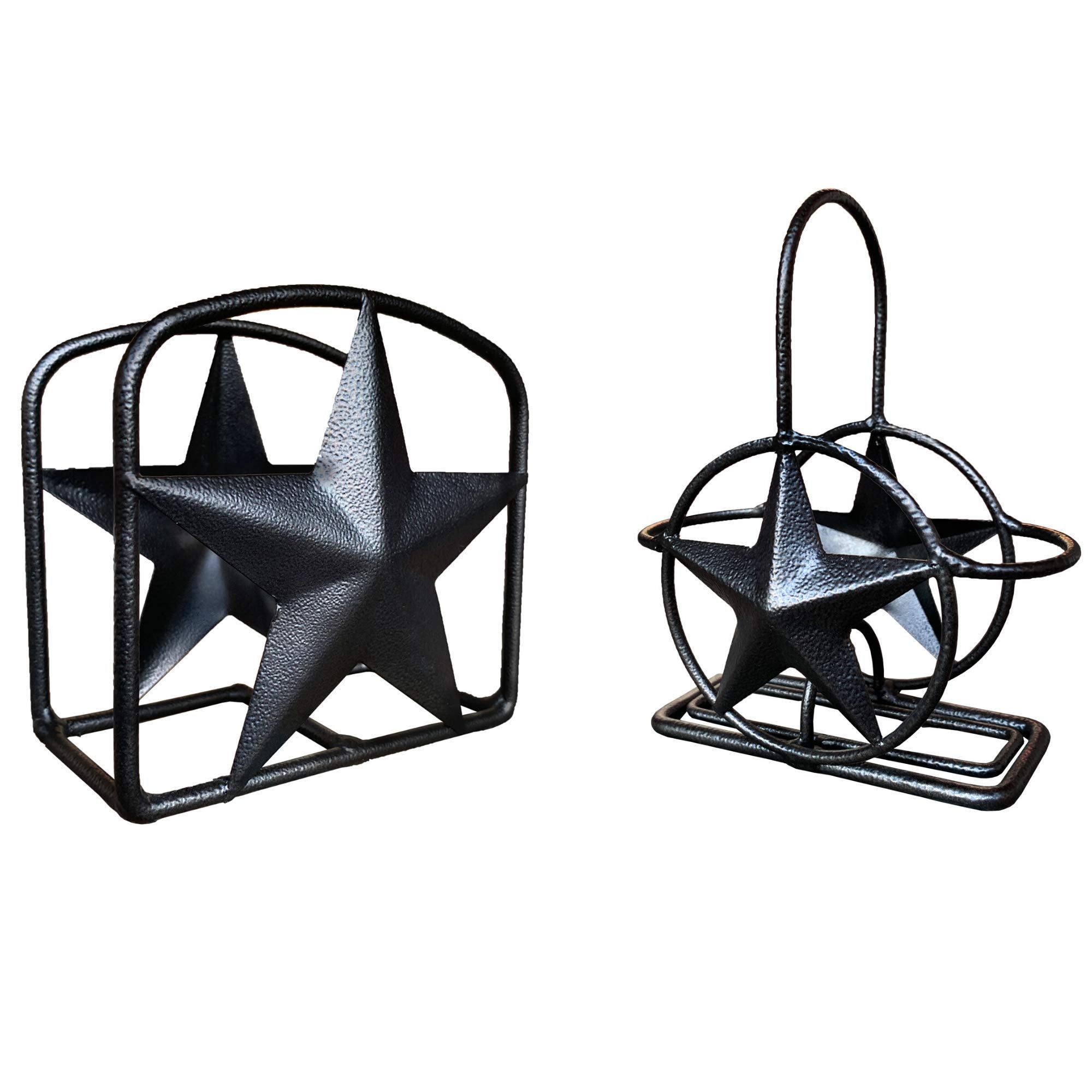 Black Rustic Texas Star Paper Towel Holder, Napkin Holder, Salt and Pepper Shakers Holder, Country Farmhouse Iron Kitchen Counter Accessory Set Holders (Paper Towel, Napkin, S&P Holder (3 Piece Set))