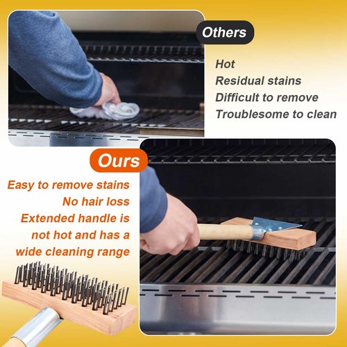 Kritkin 1 Pcs Stainless Steel Grill Brushes, Commercial Grill Scraper with 30'' Long Wooden Handle Oven Charbroiler Cleaning Brush for Outdoor Kitchens BBQ Restaurants