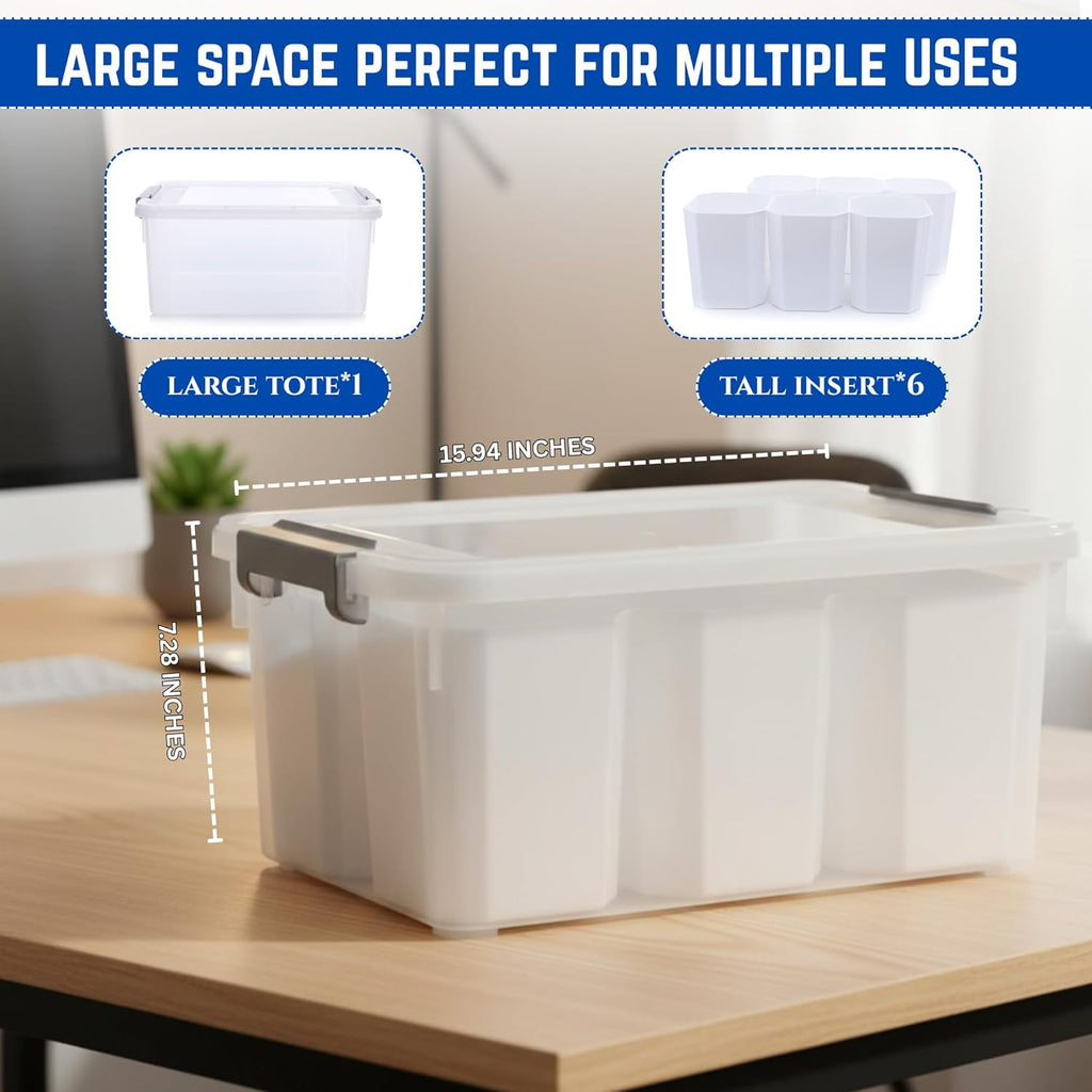 Trivon Plastic Storage Bins - Versatile 17 QT Container with 6 Removable Inserts | 15.94x7.61x7.28 Inches, White