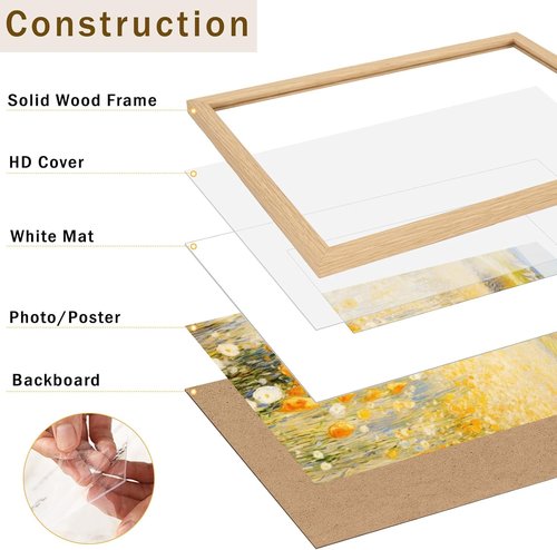 JCJMY 11x14 Picture Frame Set of 4 - Solid Wood with Shatter-Resistant Plexiglass | Natural Finish