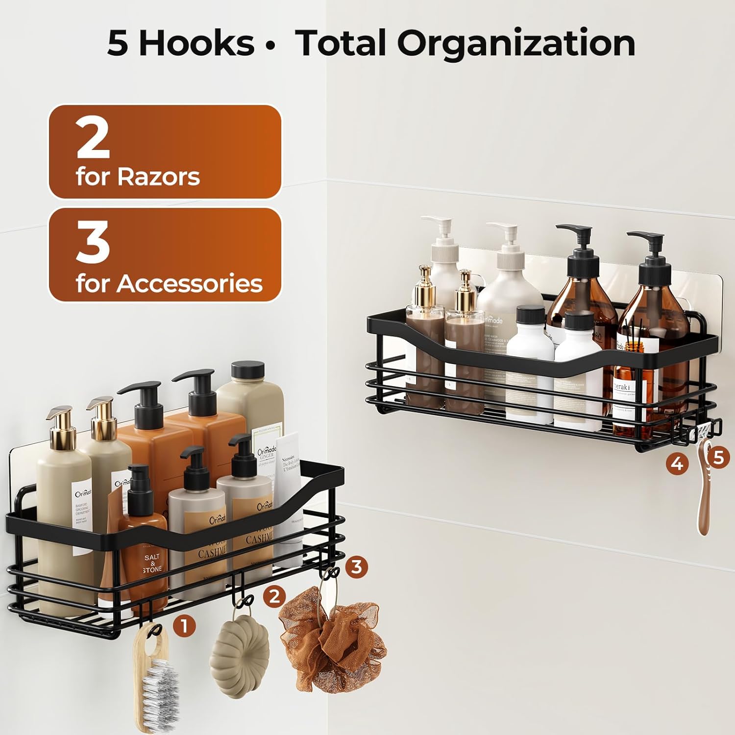 Orimade Shower Caddy Shelf - Rust Resistant Wall-Mounted Organizer with 5 Hooks | 2 Pack, Black
