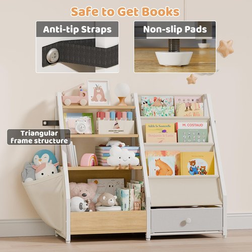 HAVLOTII Kids Bookshelf and Toy Storage - Book Shelf for Kids Rooms, Toddler Bookshelf Baby Bookcase for Nursery, Montessori Toy Organizer, Burlywood