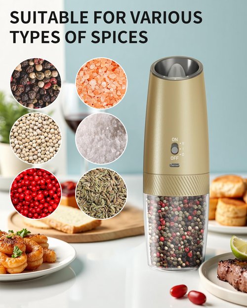 CIRCLE JOY Gravity Electric Salt and Pepper Grinder Set with 2-Speed, Rechargeable Salt and Pepper Grinder Set, Adjustable Coarseness, Whiet LED Light