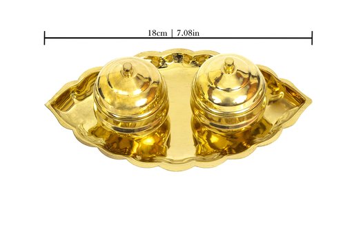 Spillbox Traditional Handcrafted Brass Thali Haldi kumkum Chandhan Holder Stand Plate with Lid |Roli|Chawal |Kumkum Box|Sindoor | Turmeric|Puja Worship- Oval 2 Bowl Small
