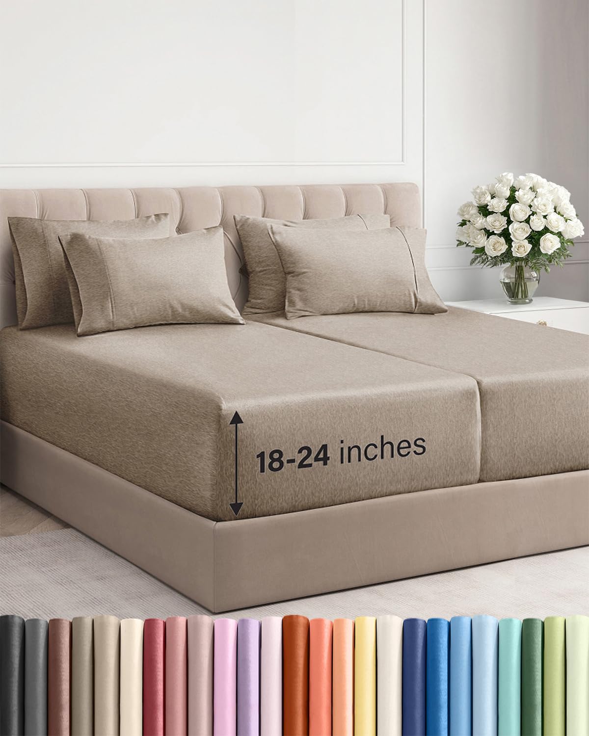 Skiennix Extra Deep Split King Sheet Set - 7 Piece Breathable Cooling Bedding - Soft Wrinkle-Free Heathered Beige