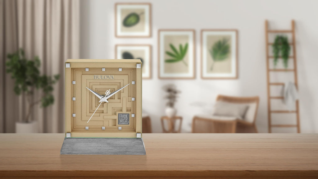 Bulova Ennis Table Clock B7755 | 7″ Frank Lloyd Wright Mayan Revival Resin Case with Washed Ash Base | Silent Sweep Quartz Movement | Battery Operated | Architectural Accent Piece