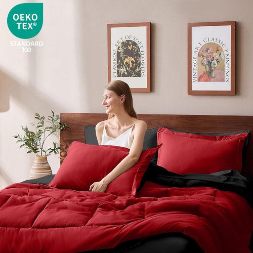 FUANNA Queen Comforter Set - 7-Piece Reversible Bedding Set with All-Season Premium Comforter | Red & Black