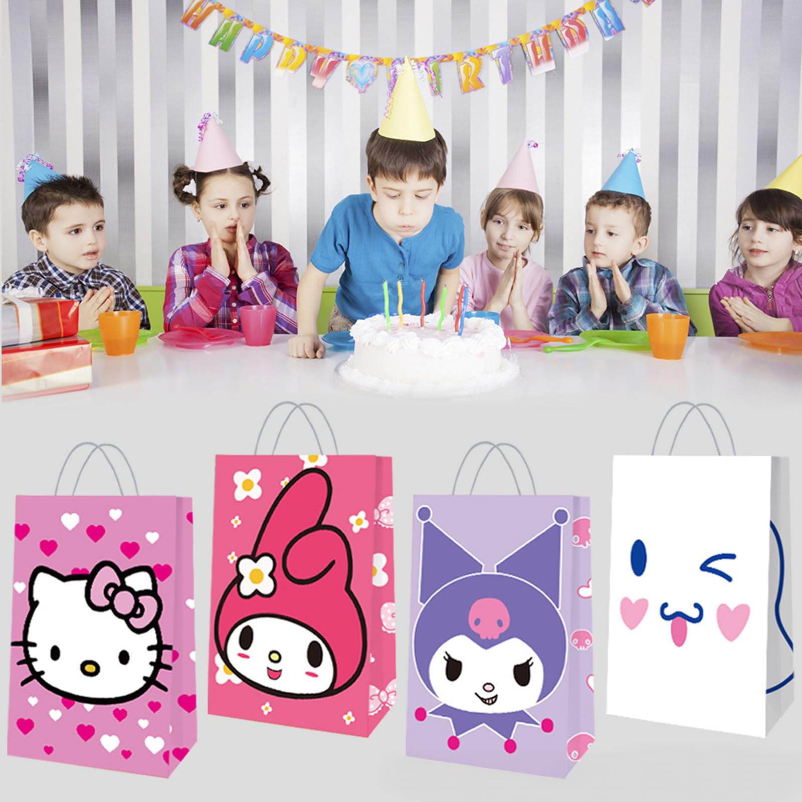 12 Pcs Cute Party Favor Bags, 4 Patterns Double Sided Printed Candy Goodie Treat Bags with Handle, Cartoon Pink Birthday Party Supplies for Kids