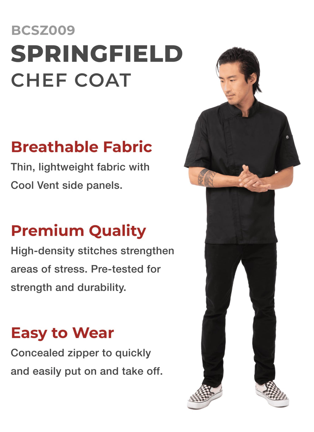 Chef Works Men's Springfield Chef Coat, Black, Small