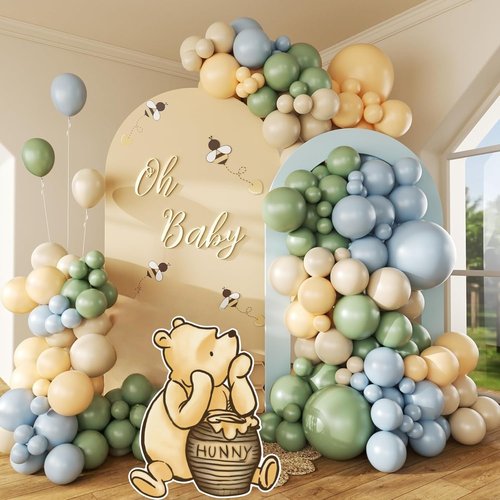 Classic Winnie Cutouts and Green Balloons Arch Kit Set Pastel Balloons for Pooh Baby Shower Decorations Birthday Party Supplies