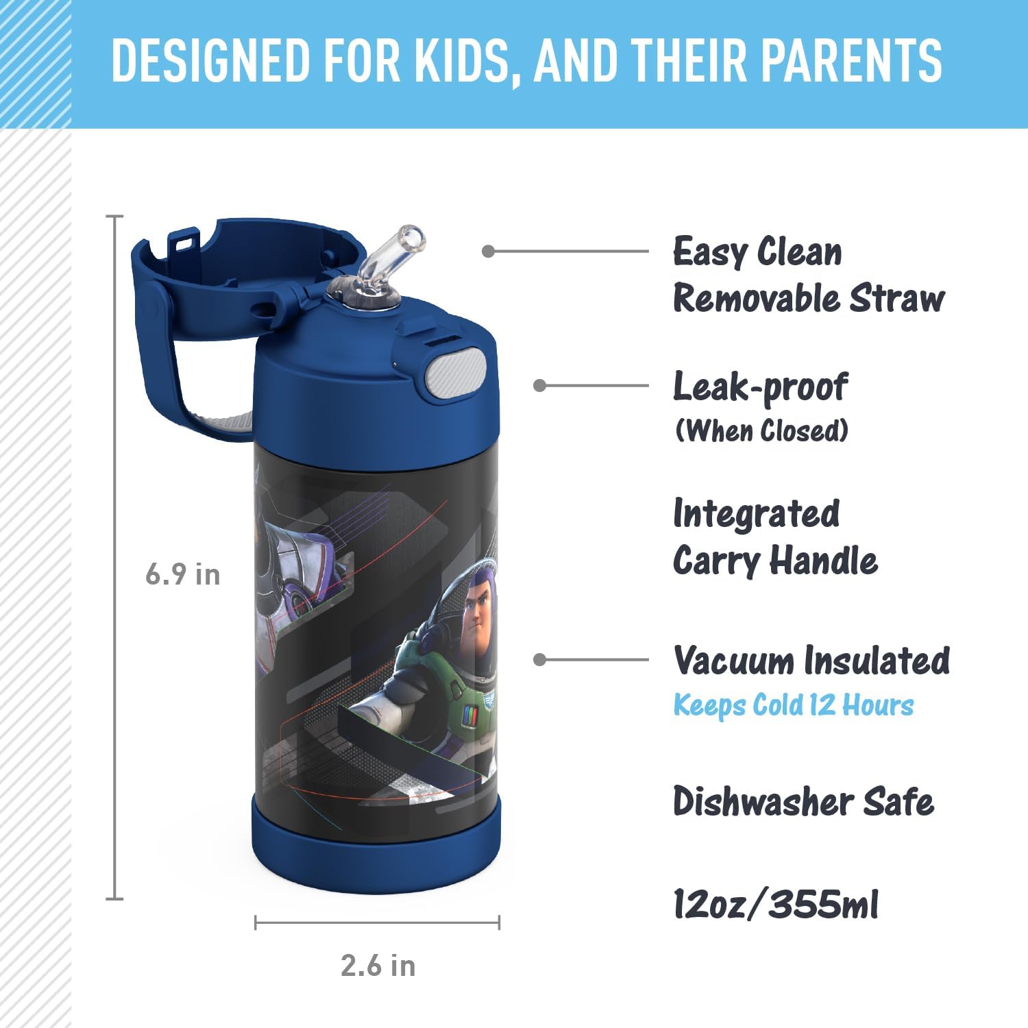THERMOS FUNTAINER Water Bottle - 12 Ounce Kids Stainless Steel Vacuum Insulated with Straw | Lightyear Design