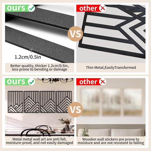Abstract Black Metal Wall Decor by 4Pcs - Minimalist 3D Mountain Line Art Sculpture | 16"x11" for Living Room & Office