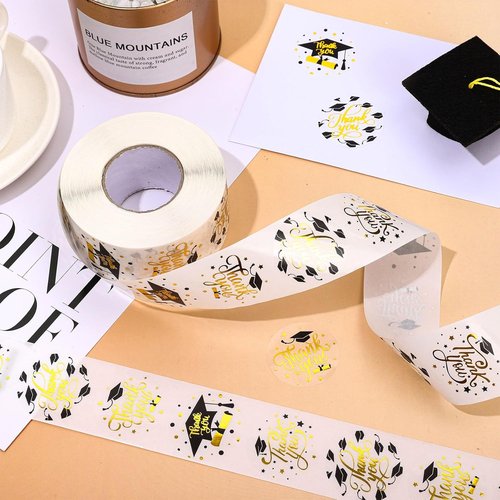 FYSUIMU Graduation Stickers - 1000Pcs Gold Foil Thank You Labels | Self-Adhesive Grad Cap Designs