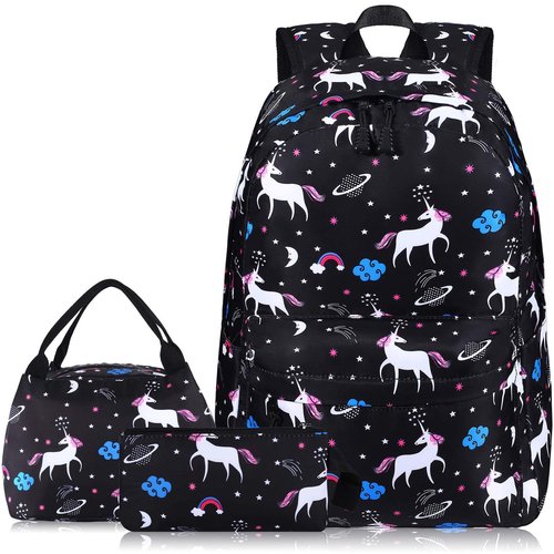 SCIONE Cute School Backpack for Girls, Teens School Bag with USB Charging Port Water-Resistant Black Canvas Bookbag, Preschool Daypack Elementary BackBag, Back to Shool Supplies Gifts for Kids