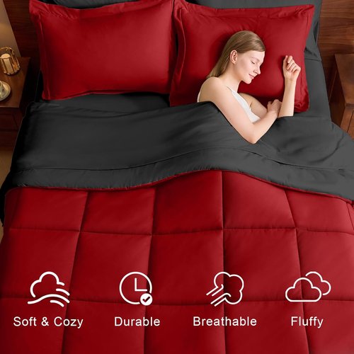 FUANNA Queen Comforter Set - 7-Piece Reversible Bedding Set with All-Season Premium Comforter | Red & Black