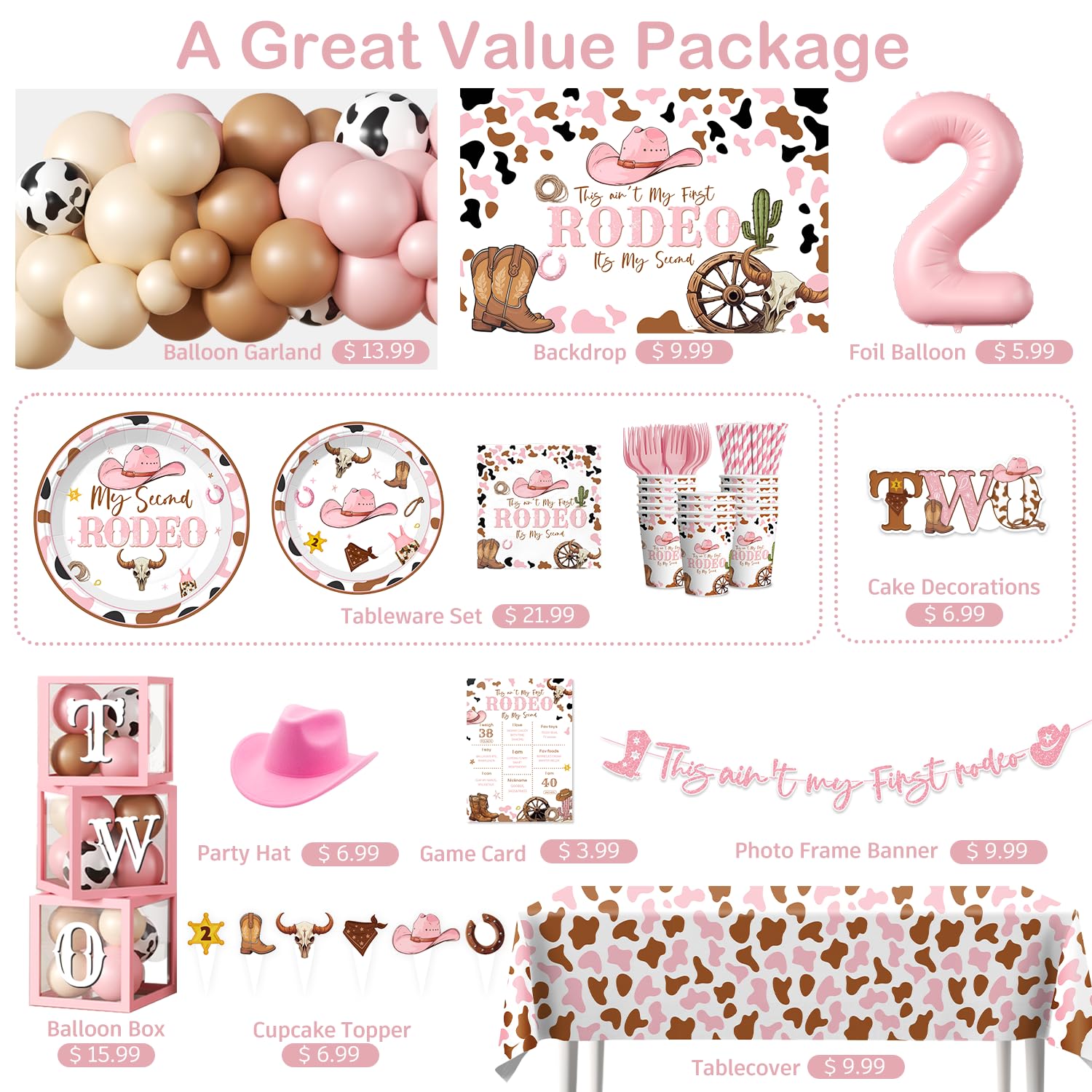 Fexivo 300pcs This Ain't My First Rodeo It's My Second Complete Party Set, for 25 Guests, Rodeo Western Cowgirl 2nd Birthday Decorations for Girl, Includes Plates Backdrop Balloon Arch Tablecloths