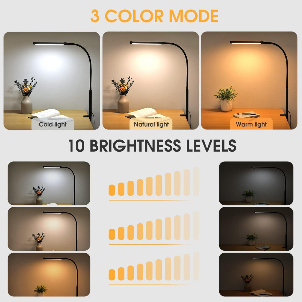 Voncerus LED Desk Lamp - Eye-Caring Clip-On Light with 3 Modes & 10 Brightness Levels | Flexible Goose-Neck, Black