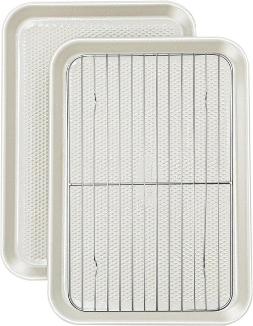 Jelly Roll Pan Set by [Brand Name] - 10x15 Nonstick Baking Sheets with Wire Rack | Durable 0.8mm Carbon Steel, Dishwasher Safe, Oven Safe to 450°F, Salted Gray