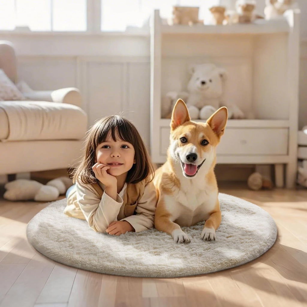 Ophanie Round Rug - 2Ft Ivory Circle Area Rug | Plush Soft Shaggy Carpet for Kids' Rooms & Nurseries
