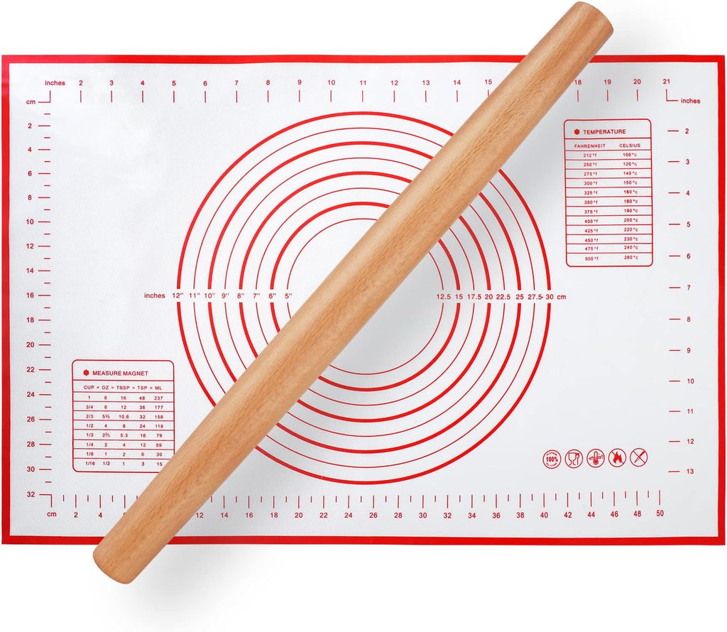 QUELLANCE Wood French Rolling Pin - Beech Wood Dough Roller with Silicone Baking Mat | Ideal for Pizza, Pastries & Cookies