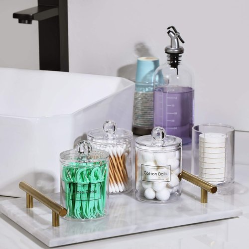 AOZITA Acrylic Qtip Holder Dispenser Set - 4 Clear Plastic Jars for Cotton Swabs & Vanity Organization