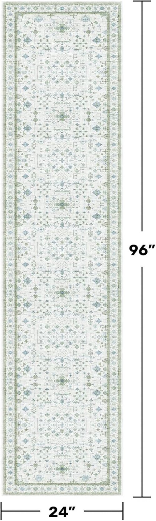 Hazo Haus Washable Oushak Bathroom Runner Rug - Vintage Turkish Floral Design | 2x8 ft Low Pile, Non-Slip, Cream Blue Green