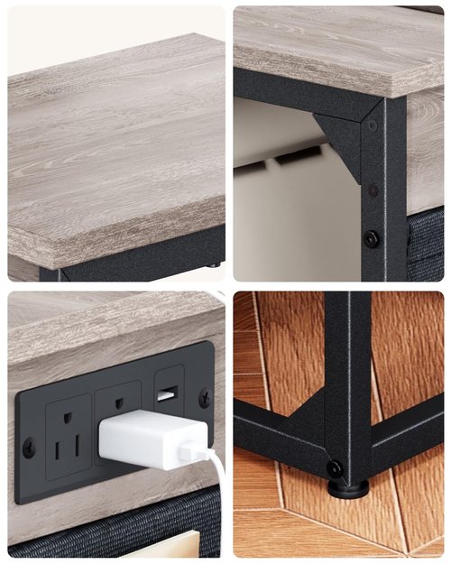 NEFROM C-Shaped End Table with Fast-Charging Station, Small Couch Side Table with Storage Bag, Sofa TV Tray Table for Living Room, Bedroom, Bedside ET-GY-1