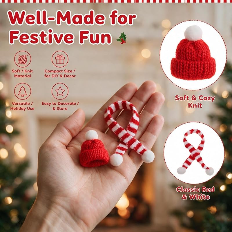 Mini Christmas Knit Hat and Scarf 20-Piece Set for Dolls, Plants & Decor