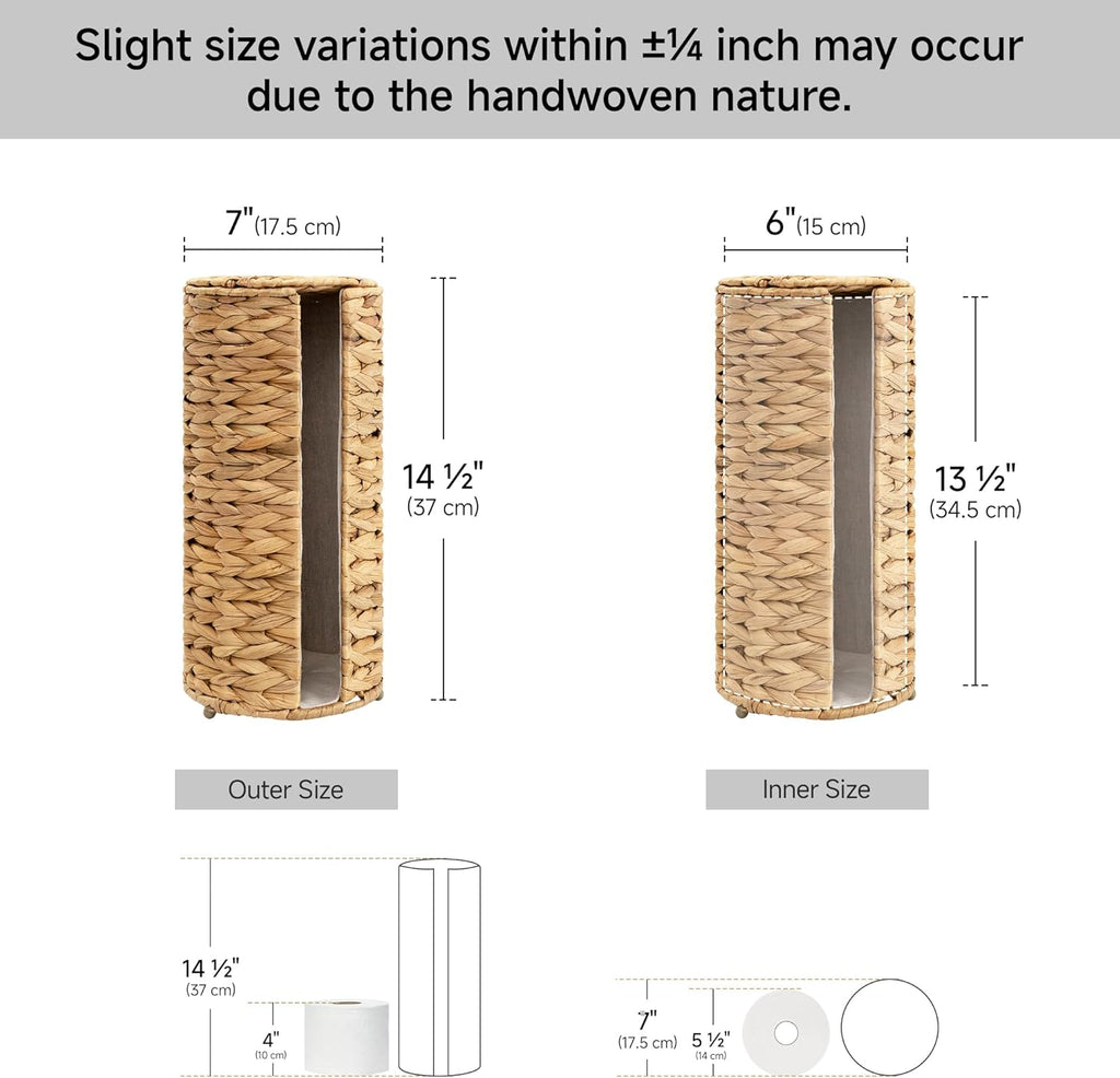 StorageWorks Toilet Paper Holder Stand - Free Standing Water Hyacinth Design with Lid for 3 Rolls