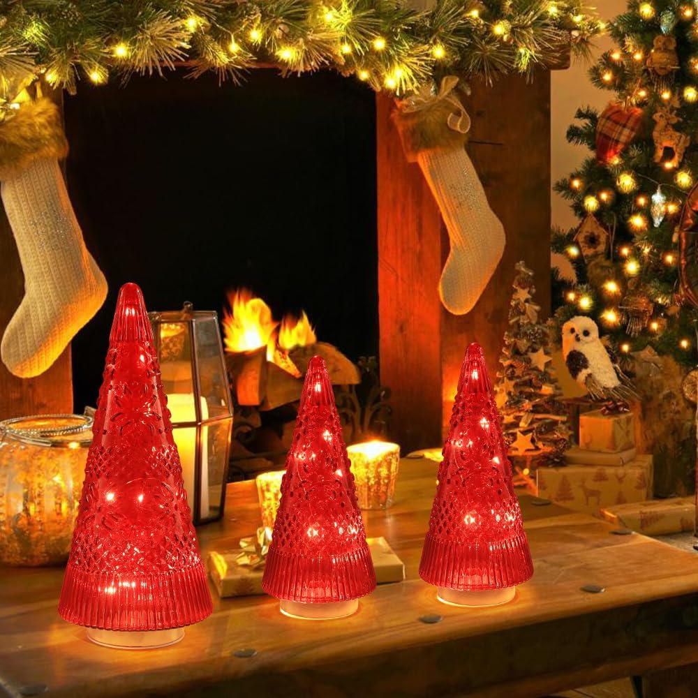 PHITRIC Christmas Tree Centerpieces - 3 PCS Sparkling Glass Decor with LED Lights & Timer | Indoor Holiday Decorations