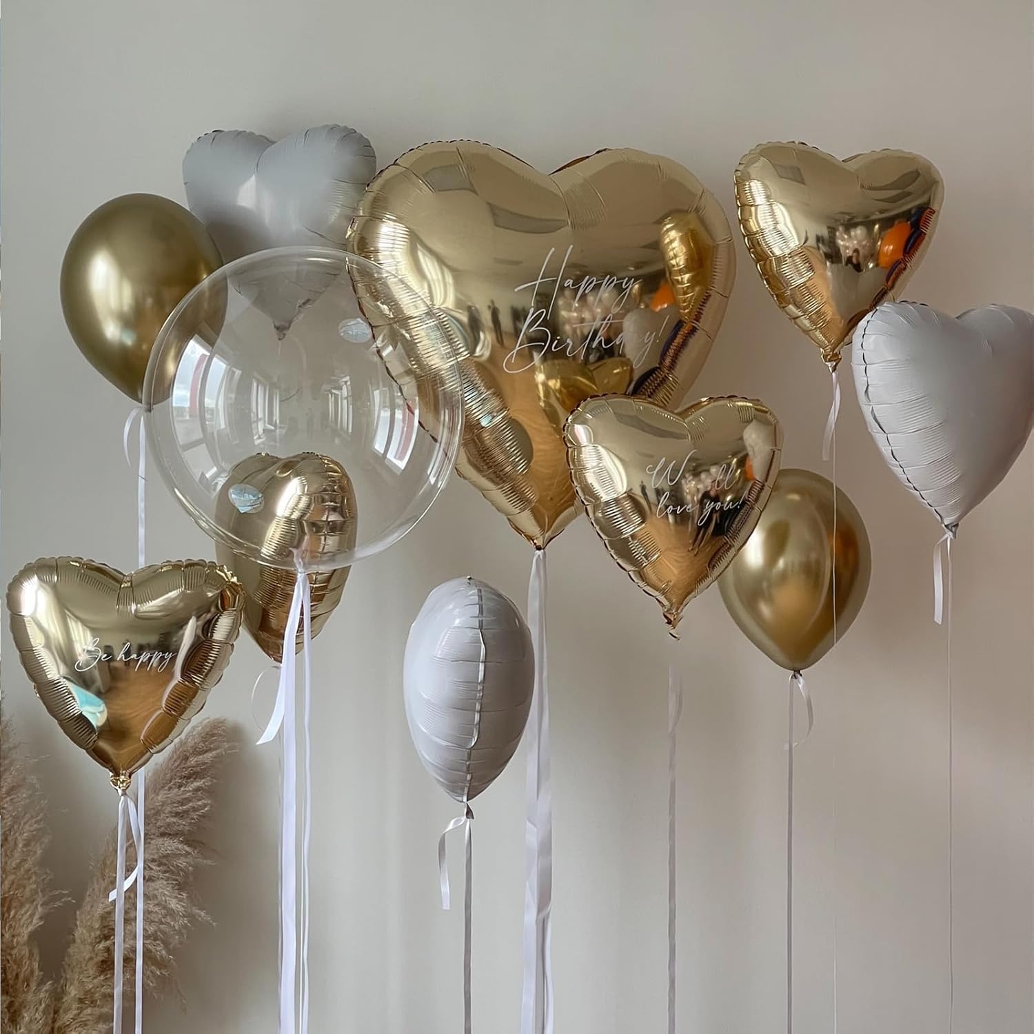 Skiennix Heart Balloons - 12Pcs Cream White & Gold Foil - 18Inch Helium Balloons for Baby Showers & Weddings