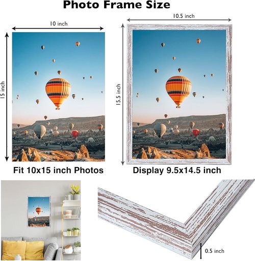 JCJMY 10x15 Picture Frame - Rustic White Wall Hanging Frame with Shatter-Resistant Plexiglass