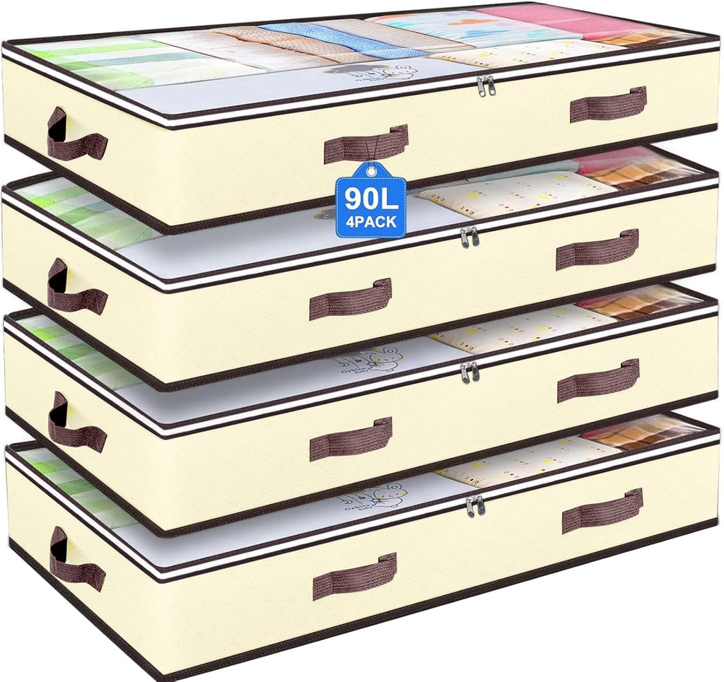 Skiennix 90L Under Bed Storage Containers - Foldable Organizers for Blankets & Towels | 4 Pack Beige