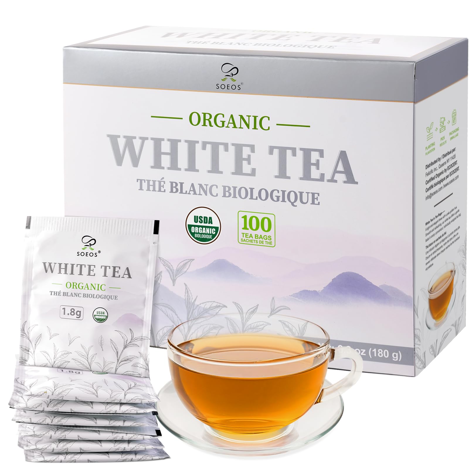 Soeos Organic White Tea, 100 Tea Bags, Individually Wrapped Teabags, Low Caffeine, Subtle Floral Aroma & Smooth Taste, Quality Tea for Everyday Brewing, Perfect for Hot or Iced Tea Lovers, 6.3oz (180g)