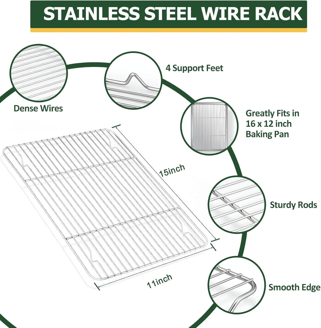 TeamFar Stainless Steel Baking Sheet Set - 16” x 12” Baking Pan with Cooling Rack & Silicone Mat | Oven & Dishwasher Safe