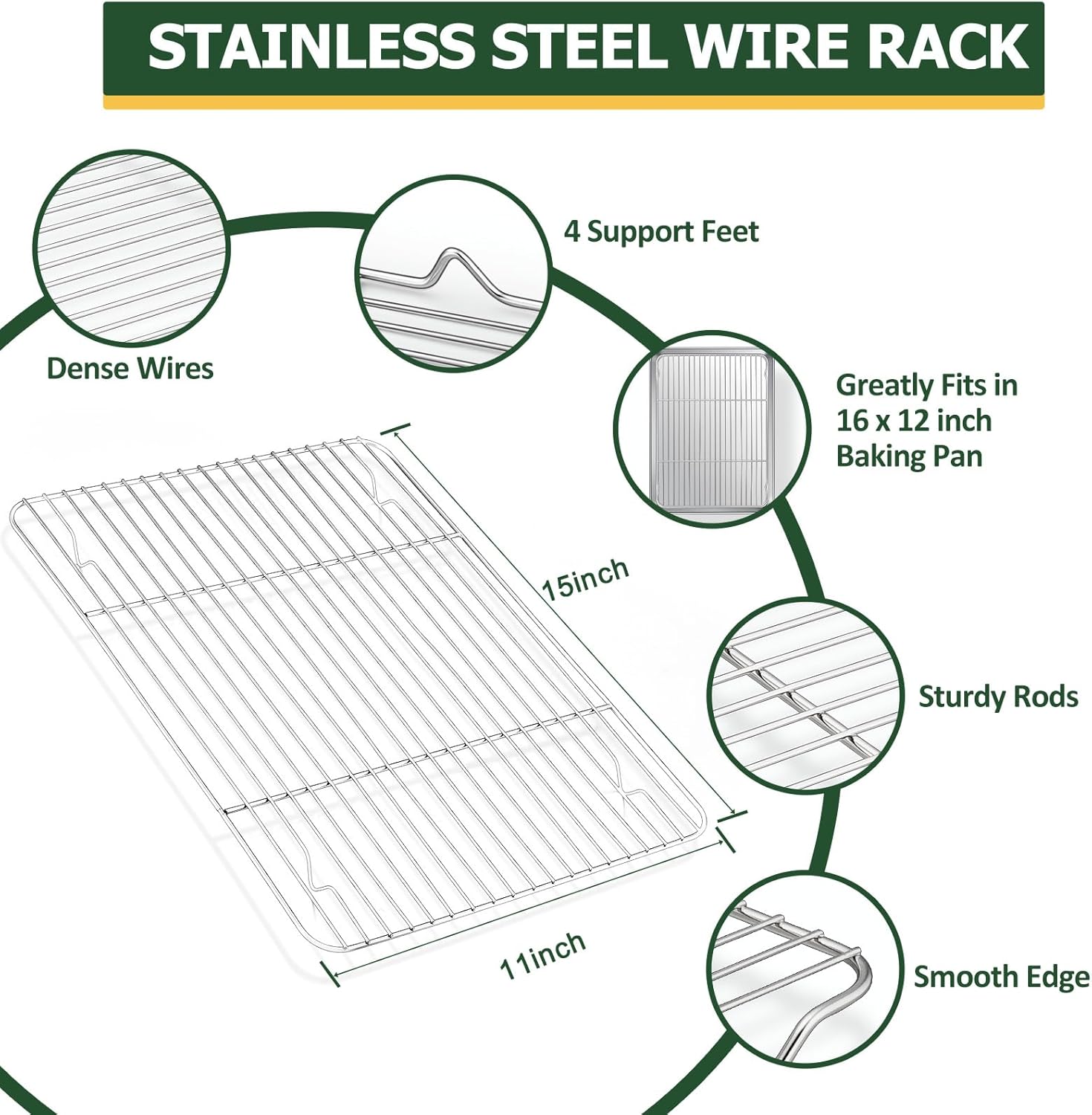 TeamFar Stainless Steel Baking Sheet Set - 16” x 12” Baking Pan with Cooling Rack & Silicone Mat | Oven & Dishwasher Safe