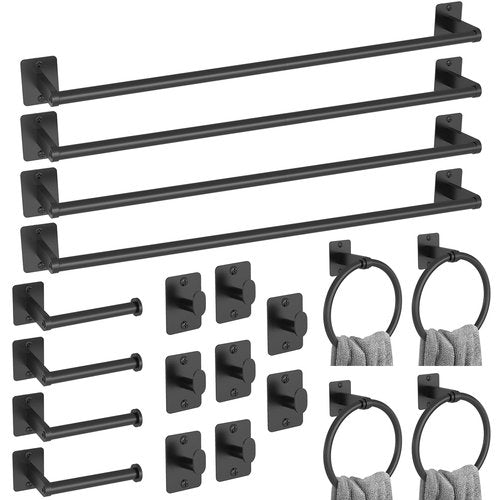 KLJKPA 20 Pieces Bathroom Hardware Set, Black Bathroom Accessories Set, 24 inch Towel Bar, Towel Racks for Bathroom, Robe Towel Hooks, Toilet Paper Holder Wall Mounted