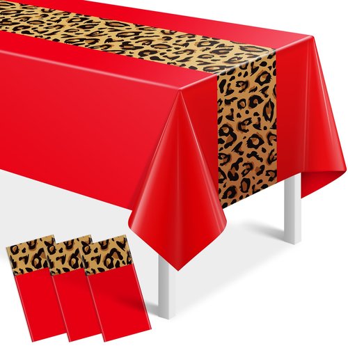 3 Pack Leopard Print Party Tablecloth Decorations, Safari Animal Cheetah Plastic Table Cloth Red Leopard Runner Disposable Rectangle Table Cover for Baby Shower Birthday Party Supplies, 54x108 Inch