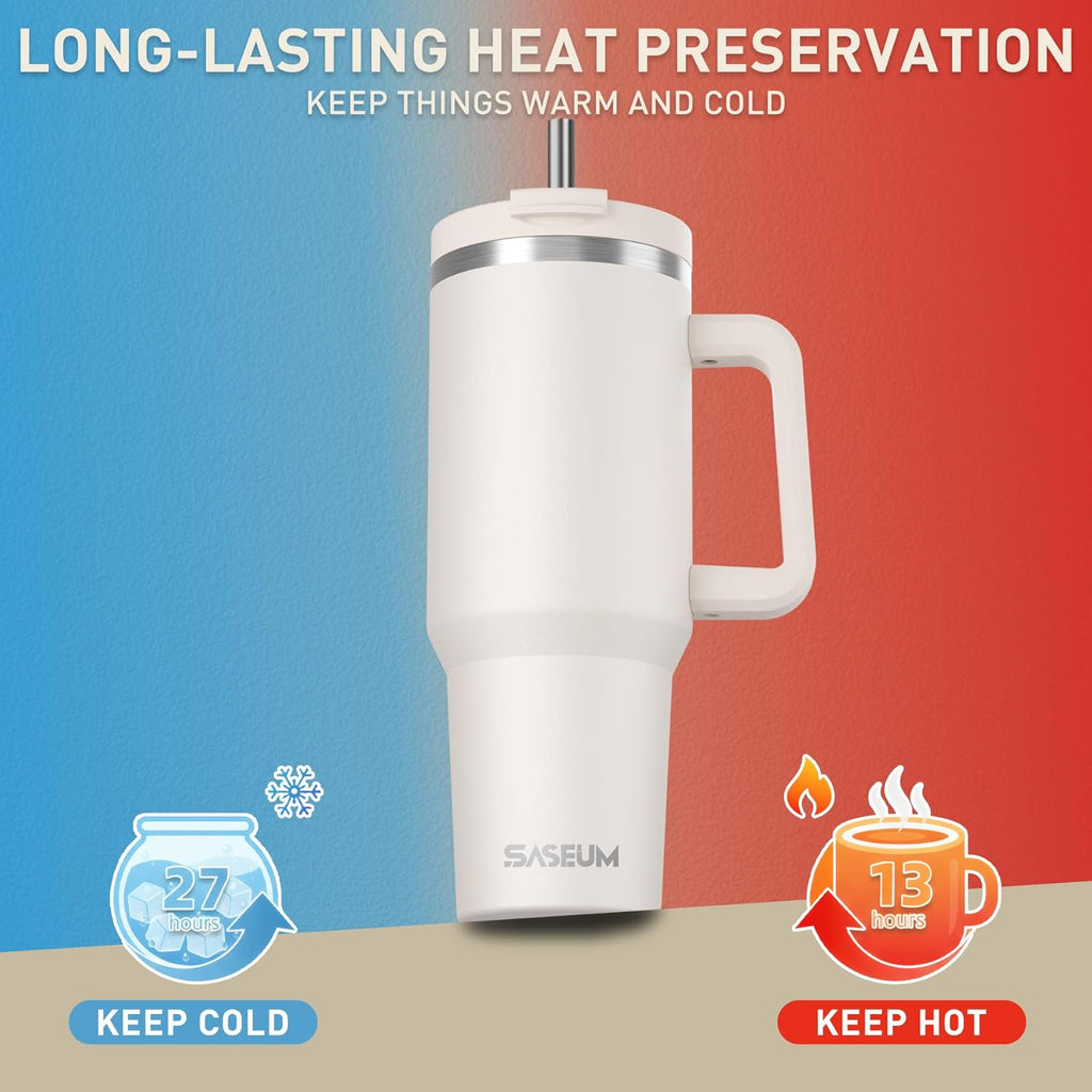 SASEUM 40 oz Insulated Tumbler - Double Wall Stainless Steel with Handle & Lid | BPA-Free, White