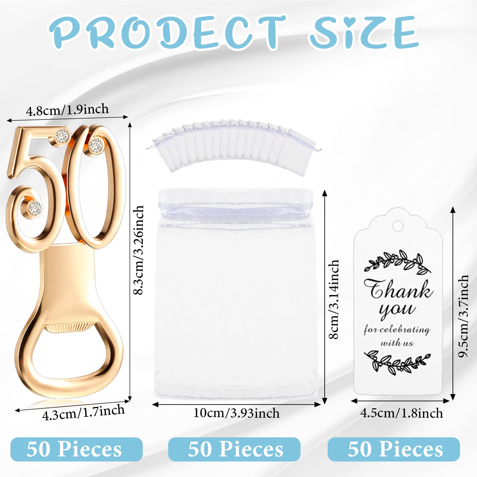 Baderke 50 Packs 50th Golden Bottle Opener Set 50th Birthday Party Favor Openers with Thank You Tags Organza Bags 50th Party Wedding Anniversaries Souvenirs Favors Decorations for Guests