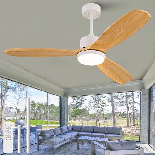KBZZ 52 Inch Ceiling Fans with Lights and Remote, Solid Wood Blades, Dimmable, Reversible DC Motor, Memory Function, Modern Indoor Outdoor Ceiling Fan with Light for Patio Bedroom
